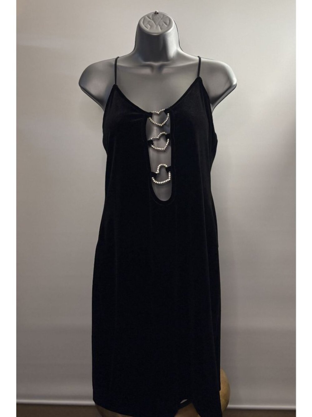 SHEIN Black Velvet Mini Sexy Rhinestone Heart Cutouts Spaghetti Straps Dress - Picture 2 of 16